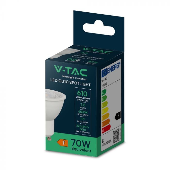 GU10 7.5W(610Lm) LED Spuldze, V-TAC, IP20, auksti balta gaisma 6500K
