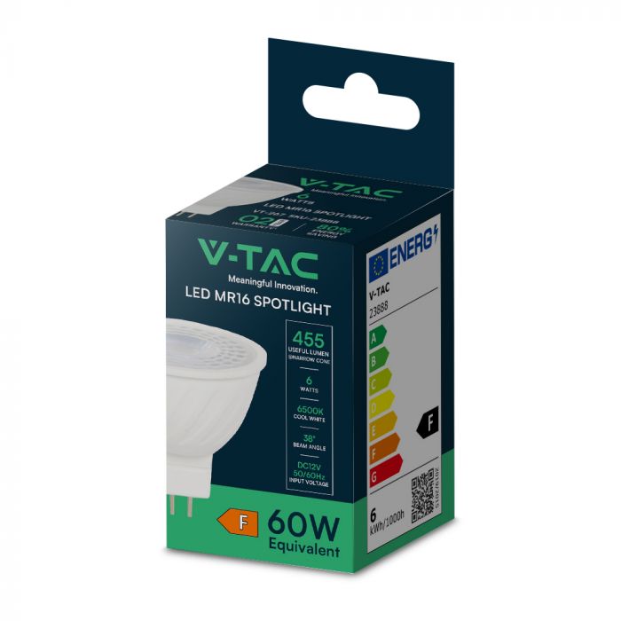 GU5.3 6W(455Lm) LED Spuldze MR16, V-TAC, IP21, auksti balta gaisma 6500K