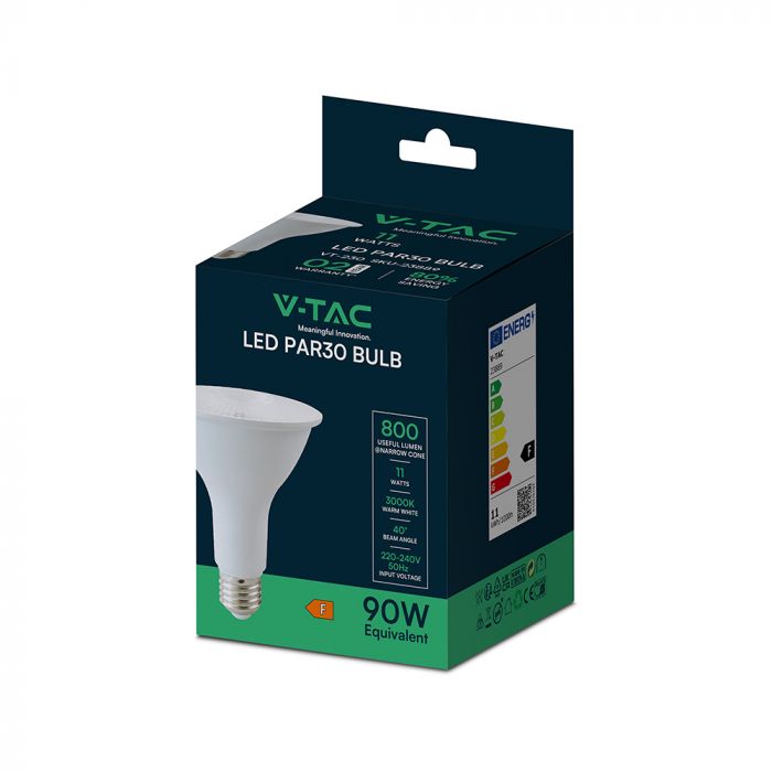 11W(800Lm) LED PAR30 spuldze, V-TAC VT-230, E27, SMD, IP20, 40°, silti balta gaisma 3000K
