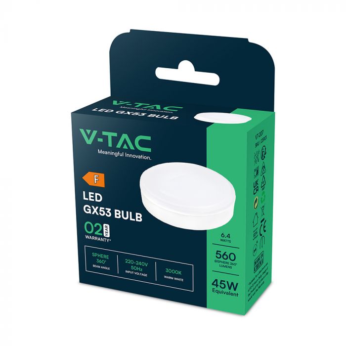 GX53 6.4W(560Lm) LED spuldze, V-TAC, IP20, GX53, silti balta gaisma 3000K