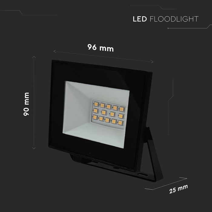 10W(850Lm) LED prožektors bez kustību sensora, V-TAC, IP65, melns, auksti balta gaisma 6500K