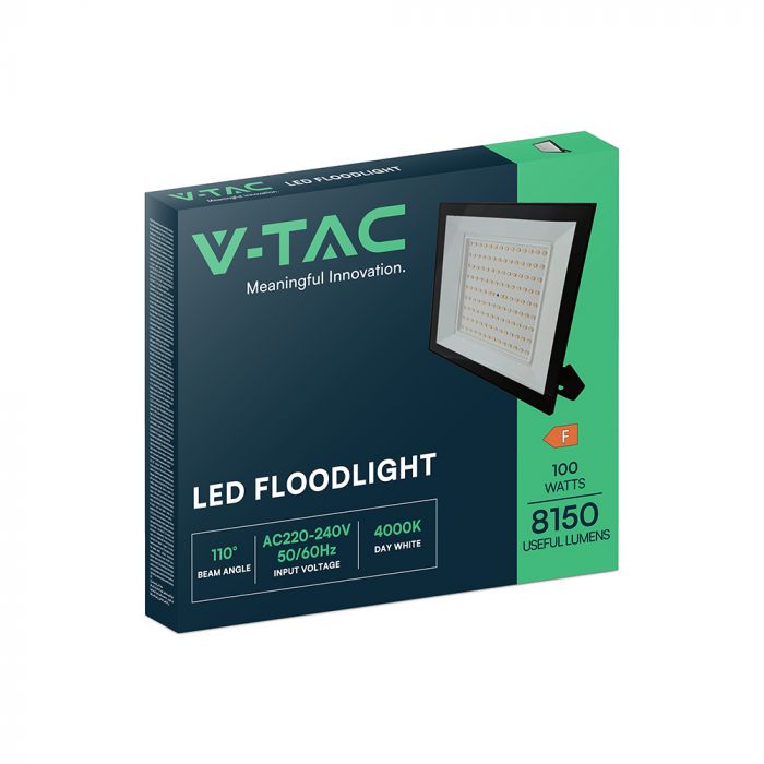100W(8150Lm) LED prožektors, V-TAC, IP65, melns, neitrāli balta gaisma 4000K