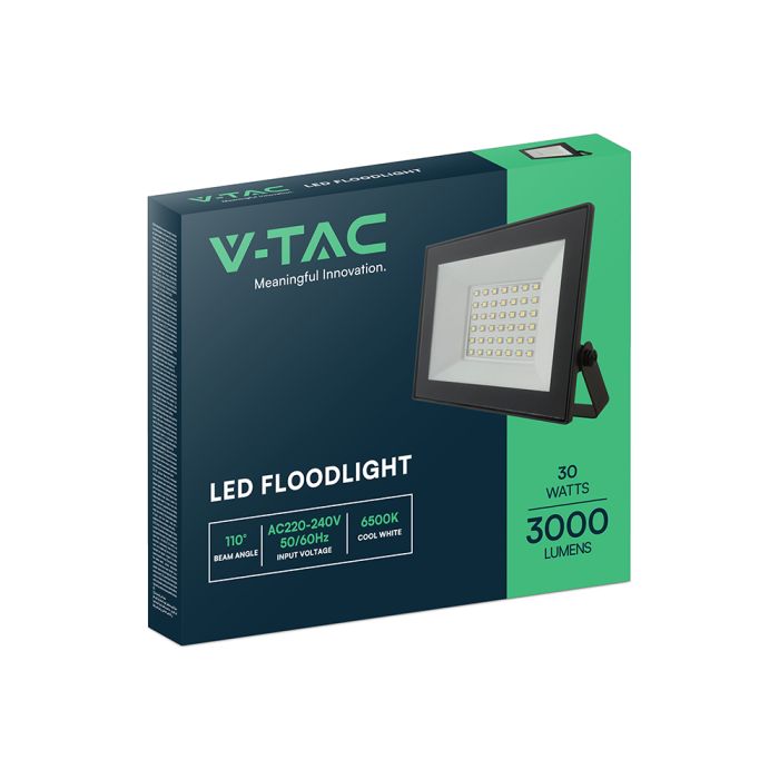 30W(2550Lm) LED prožektors bez kustību sensora, V-TAC, IP65, melns, auksti balta gaisma 6500K