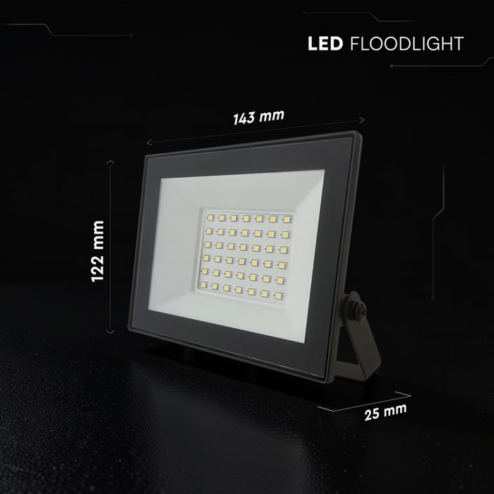 30W(2550Lm) LED prožektors bez kustību sensora, V-TAC, IP65, melns, auksti balta gaisma 6500K