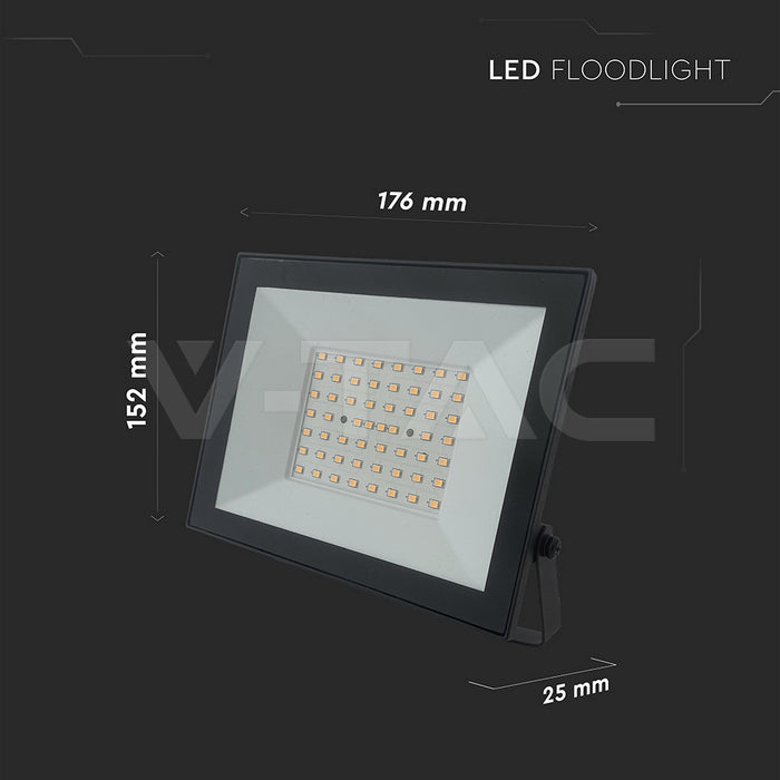 50W(4500Lm) LED prožektors bez kustību sensora, V-TAC, IP65, melns, silti balta gaisma 3000K