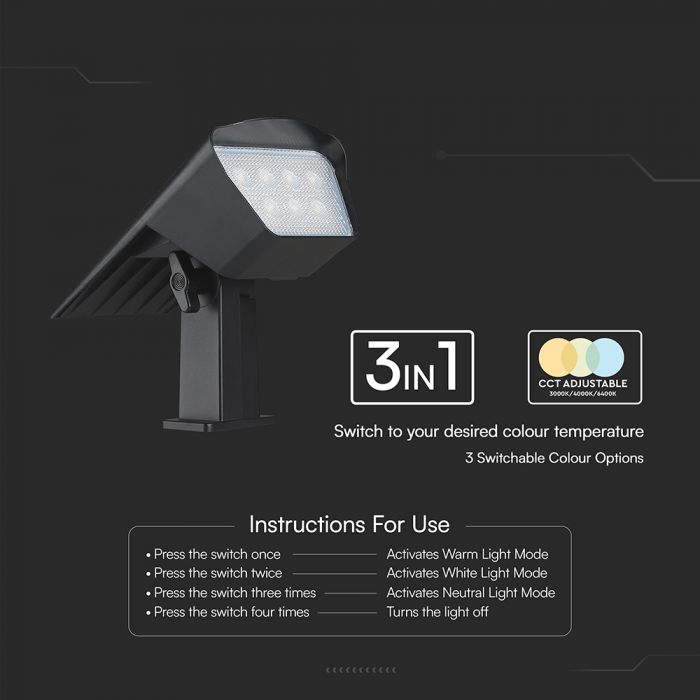 1.3W(100Lm) LED solārais dārza gaismeklis, V-TAC, IP65, melns, 2IN1