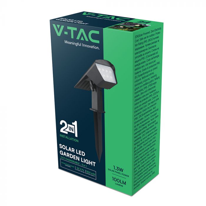 1.3W(100Lm) LED solārais dārza gaismeklis, V-TAC, IP65, melns, 2IN1