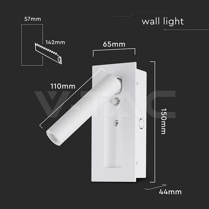 2W(76Lm) LED nakts gaismeklis, V-TAC, IP20, silti balta gaisma 3000K