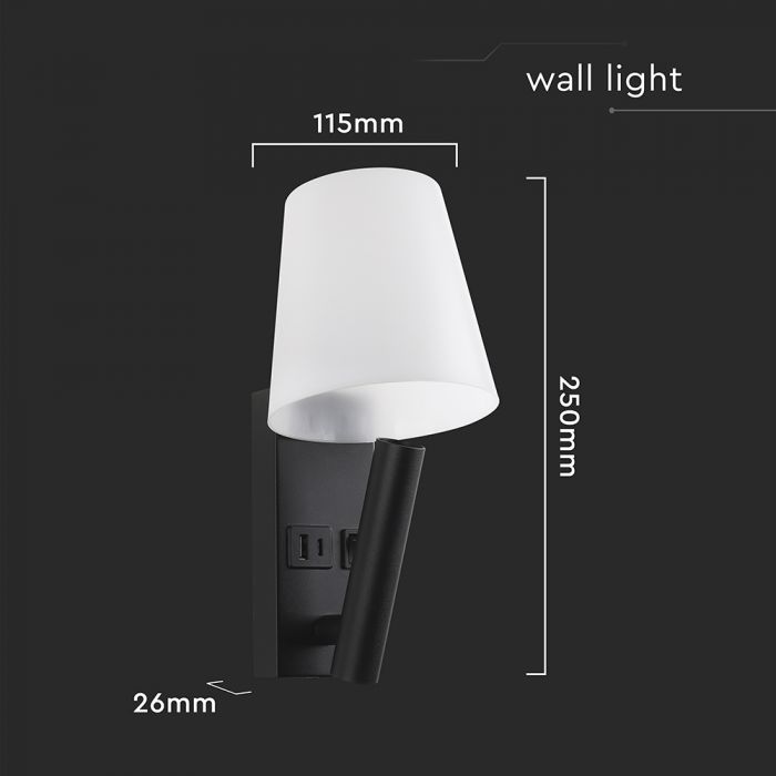 8W LED naktslampiņa pie gultas, V-TAC CREE VT-88062, IP20, melna, silti balta gaisma 3000K