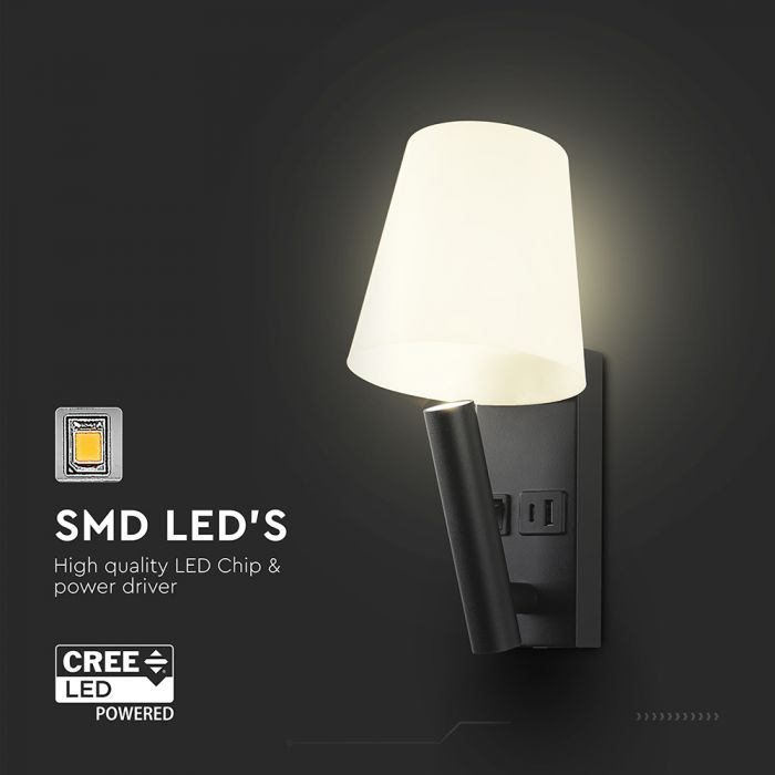 8W LED naktslampiņa pie gultas, V-TAC CREE VT-88062, IP20, melna, silti balta gaisma 3000K