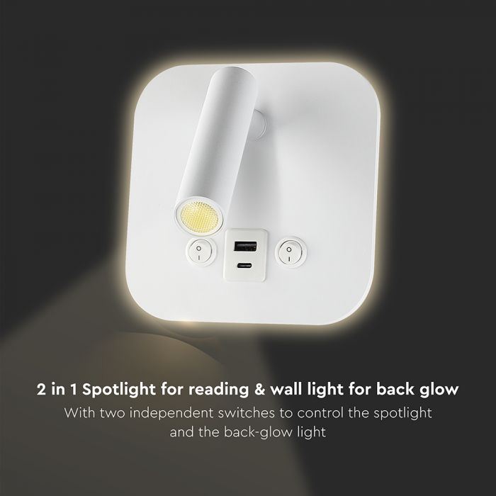 8W(830Lm) LED nakts gaismeklis, IP20, V-TAC, balts, silti balta gaisma 3000K