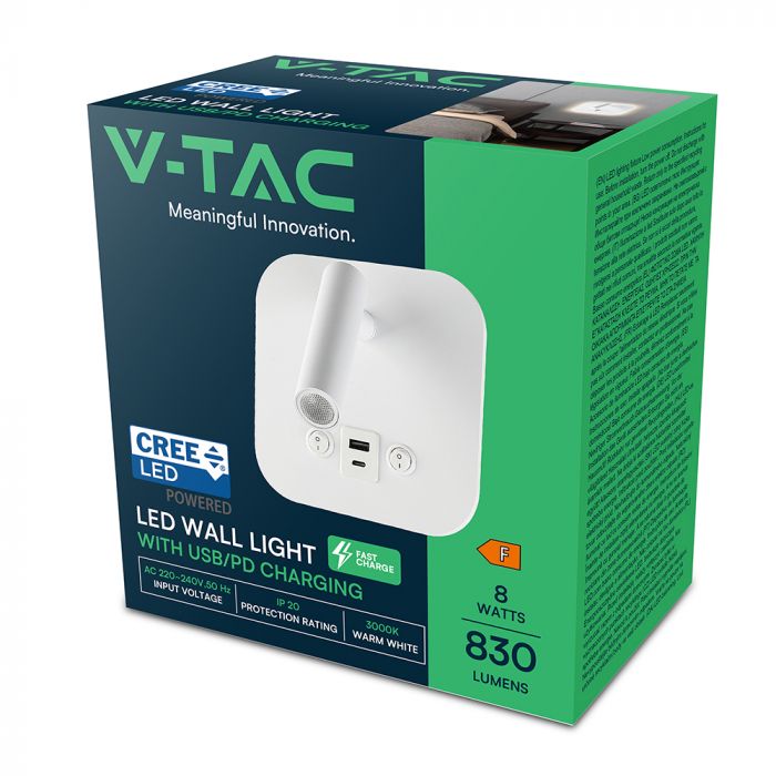 8W(830Lm) LED nakts gaismeklis, IP20, V-TAC, balts, silti balta gaisma 3000K