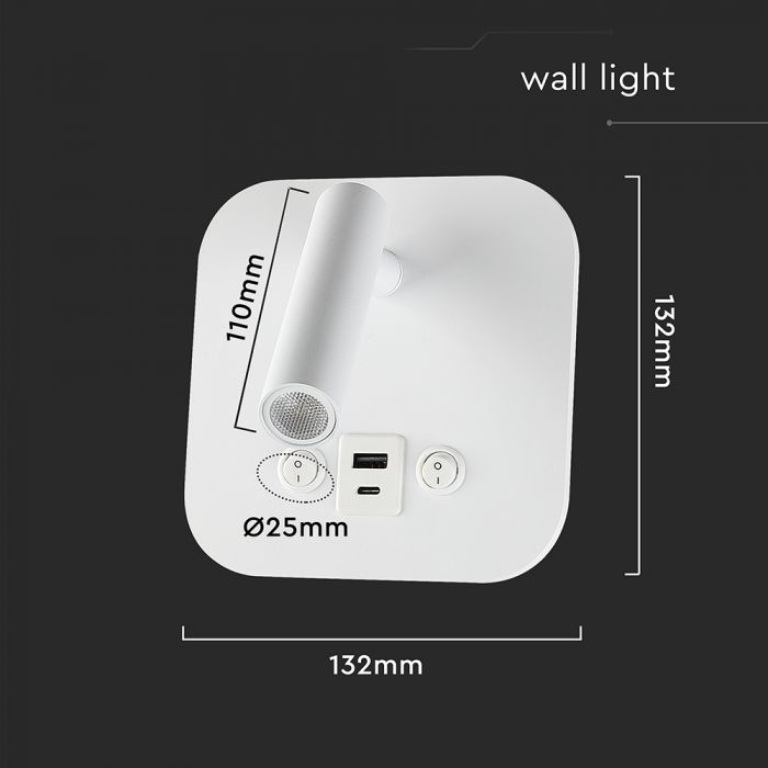 8W(830Lm) LED nakts gaismeklis, IP20, V-TAC, balts, silti balta gaisma 3000K