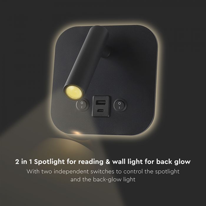 8W(830Lm) LED nakts gaismeklis, IP20, V-TAC, melns, silti balta gaisma 3000K