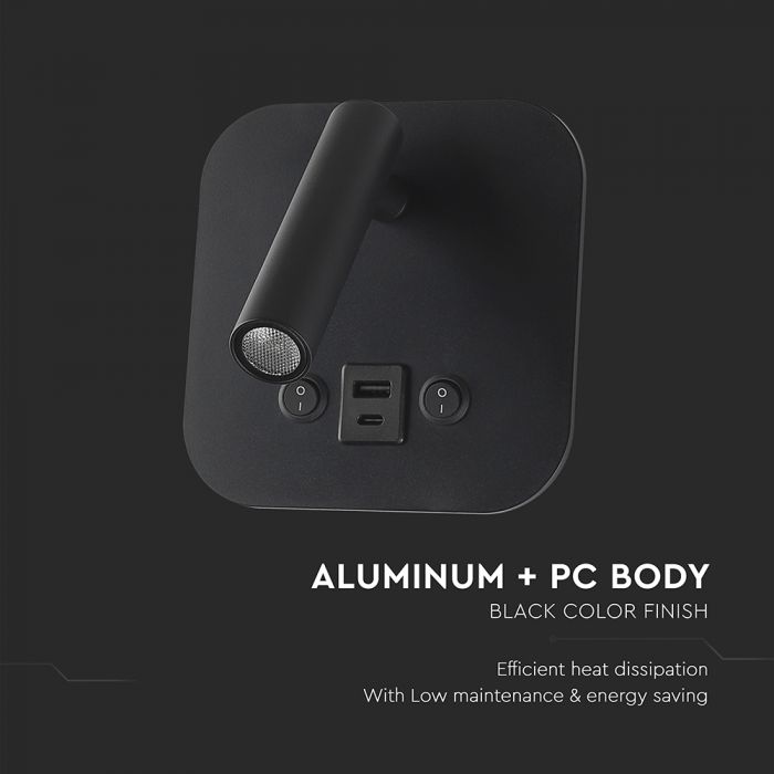 8W(830Lm) LED nakts gaismeklis, IP20, V-TAC, melns, silti balta gaisma 3000K