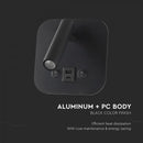 8W(830Lm) LED nakts gaismeklis, IP20, V-TAC, melns, silti balta gaisma 3000K