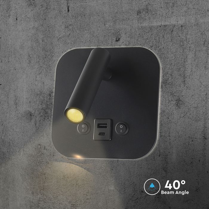 8W(830Lm) LED nakts gaismeklis, IP20, V-TAC, melns, silti balta gaisma 3000K