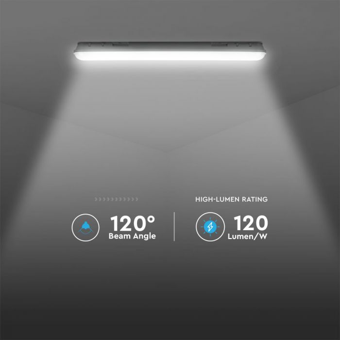 120cm_36W(4320Lm) 120LM/W V-TAC Lineārais gaismeklis, IP65, IK06, piena krāsā, bez kontaktdakšas(kabeļu savienojums), auksti balta gaisma 6500K