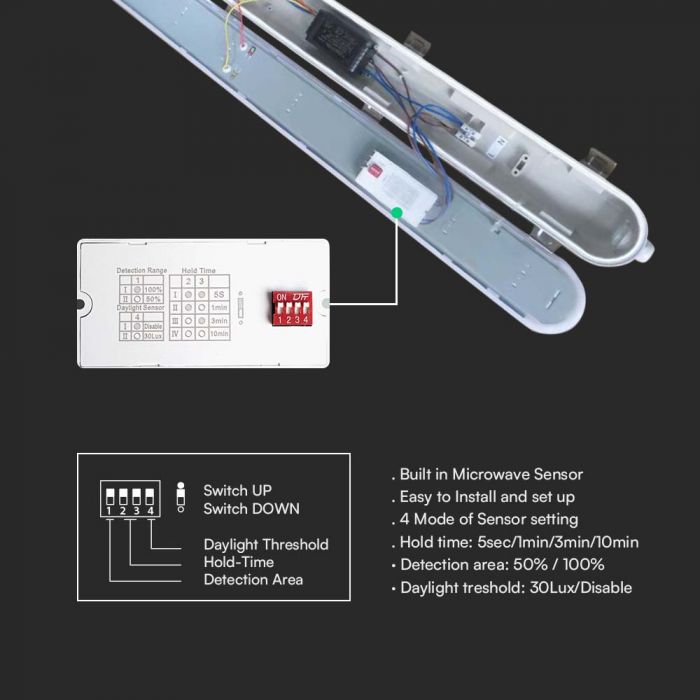 48W(5760Lm) 120LM/W 150cm V-TAC lineaarne valgusti mikrolaineanduriga, IP65, IK06, piimavärv, ilma pistikuta (kaabliühendus), neutraalne valge valgus 4000K
