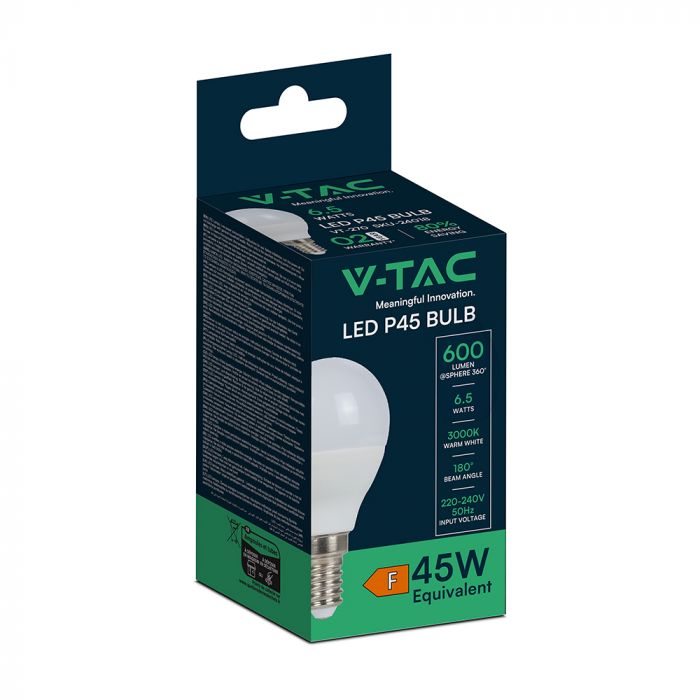 E14 6.5W (600 lm) LED bulb, P45, V-TAC, IP20, warm white light 3000K
