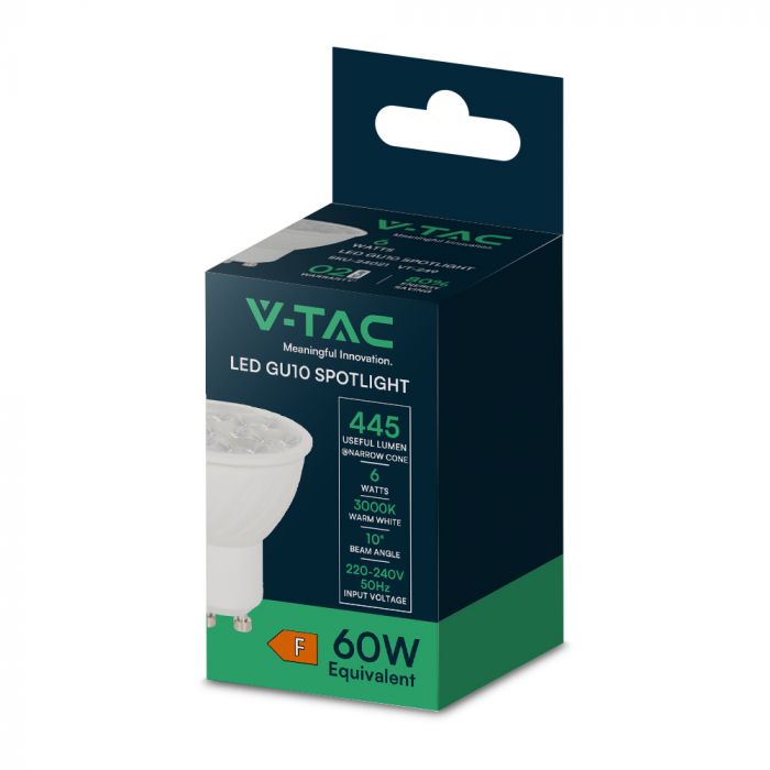 GU10 6W(445Lm) LED Spuldze, 10°, V-TAC, IP20, silti bata gaisma 3000K