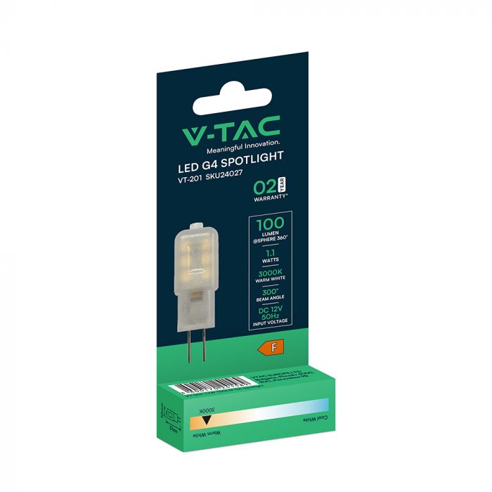 G4 1.1W(100Lm) LED Spuldze, V-TAC, IP20, auksti balta gaisma 6500K