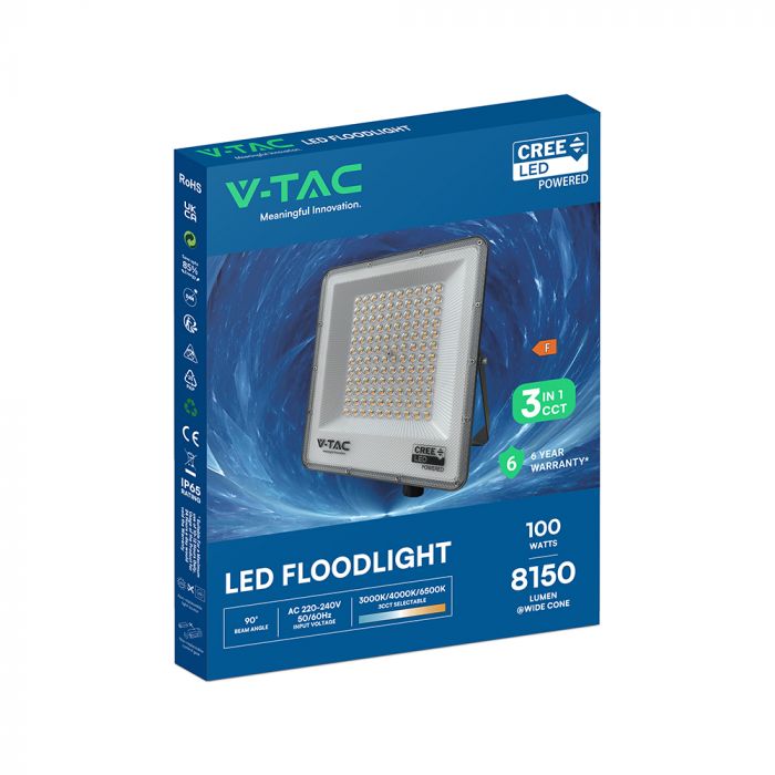 KASTE 10 gab. x 17,91€ – 100W(8150Lm) LED SMD-CREE prožektors bez kustību sensora, 3in1 (3000K/4000K/6500K pārslēdzams), V-TAC, IP65
