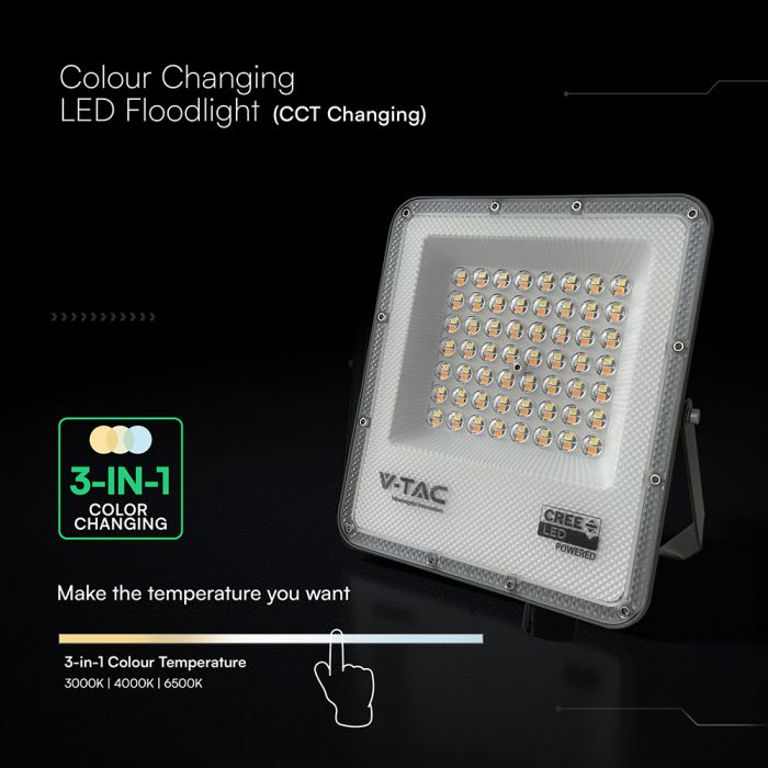 50W(4500Lm) LED SMD-CREE Chip prožektors bez kustību sensora, IP65, V-TAC, melns, 3IN1