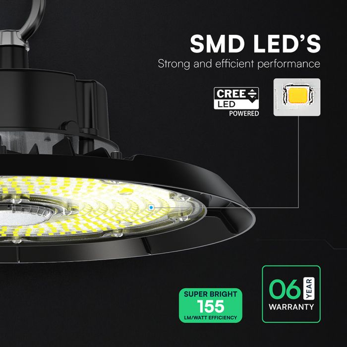 100W(15500Lm) 155Lm/W LED Noliktavas apgaismojums, V-TAC, IP65, IK06, melns, auksti balta gaisma 6500K