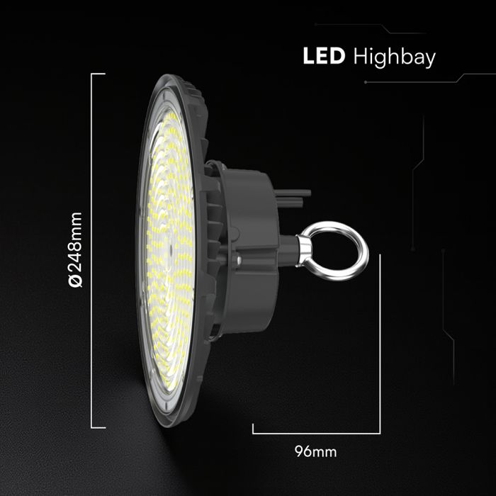200W(31000Lm) LED industriālais UFO tipa gaismeklis, V-TAC VT-91202, SMD, 155Lm/W, IP65, IK06, melns, 288x288x96mm, 220–240V, 90°, 5 gadu garantija, gaisma 4000K