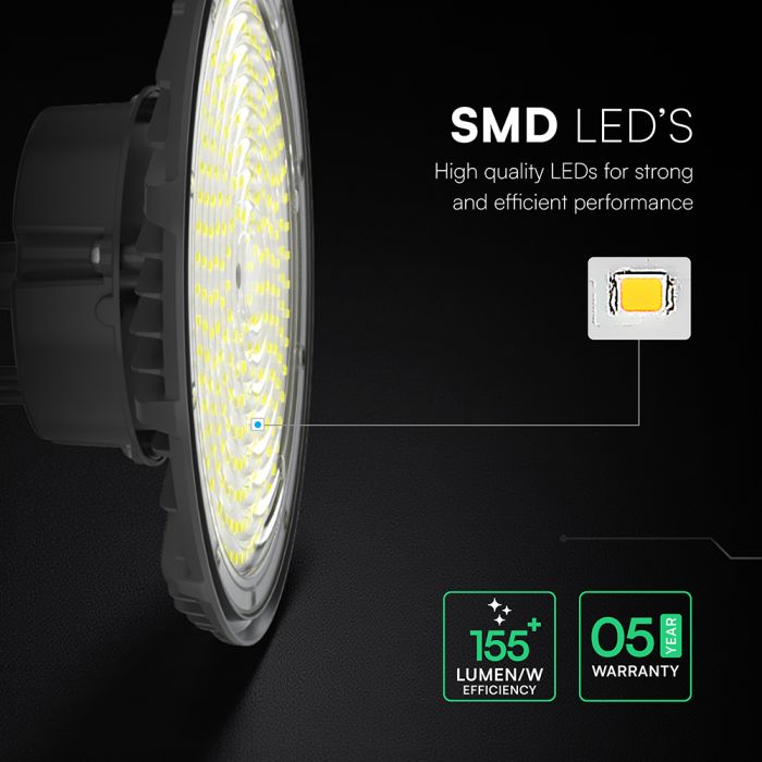 150W(23250Lm) LED industriālais UFO tipa gaismeklis, V-TAC VT-91152, SMD, 155Lm/W, IP65, IK06, melns, 248x248x96mm, 220–240V, 90°, 5 gadu garantija, gaisma 6500K