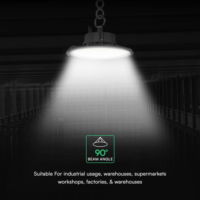 150W(23250Lm) LED industriālais UFO tipa gaismeklis, V-TAC VT-91152, SMD, 155Lm/W, IP65, IK06, melns, 248x248x96mm, 220–240V, 90°, 5 gadu garantija, gaisma 4000K