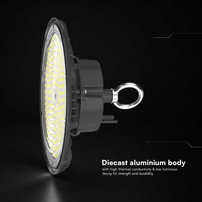 200W(31000Lm) LED industriālais UFO tipa gaismeklis, V-TAC VT-91202, SMD, 155Lm/W, IP65, IK06, melns, 288x288x96mm, 220–240V, 90°, 5 gadu garantija, gaisma 6500K