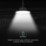 200W(31000Lm) LED industriālais UFO tipa gaismeklis, V-TAC VT-91202, SMD, 155Lm/W, IP65, IK06, melns, 288x288x96mm, 220–240V, 90°, 5 gadu garantija, gaisma 6500K