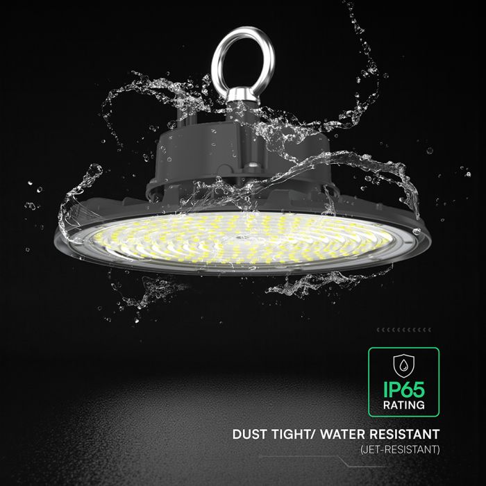 200W(31000Lm) LED industriālais UFO tipa gaismeklis, V-TAC VT-91202, SMD, 155Lm/W, IP65, IK06, melns, 288x288x96mm, 220–240V, 90°, 5 gadu garantija, gaisma 6500K