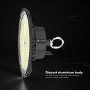 200W(31000Lm) LED industriālais UFO tipa gaismeklis, V-TAC VT-91202, SMD, 155Lm/W, IP65, IK06, melns, 288x288x96mm, 220–240V, 90°, 5 gadu garantija, gaisma 4000K