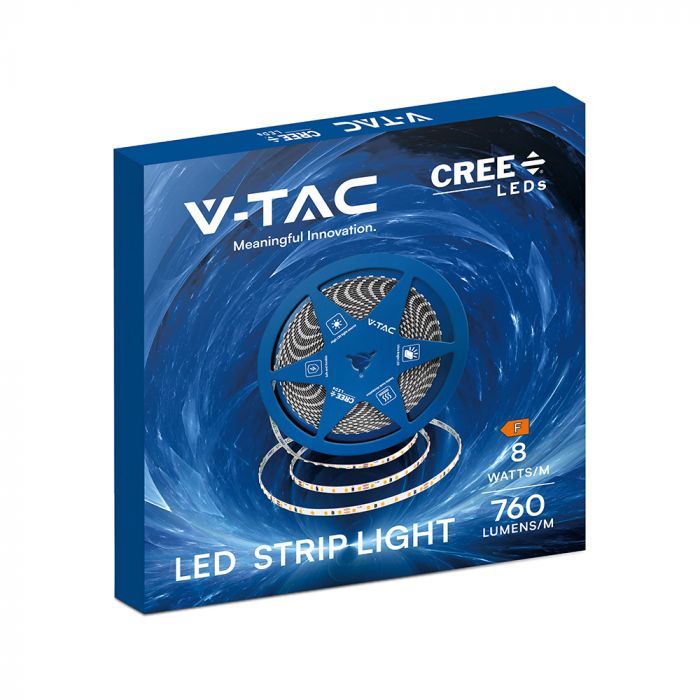 Cena par 1m_8W/m(800Lm/m) 0.33A/m LED Lente, V-TAC, 10 m, ūdensnedroša IP20, 24V, auksti balta gaisma 6500K
