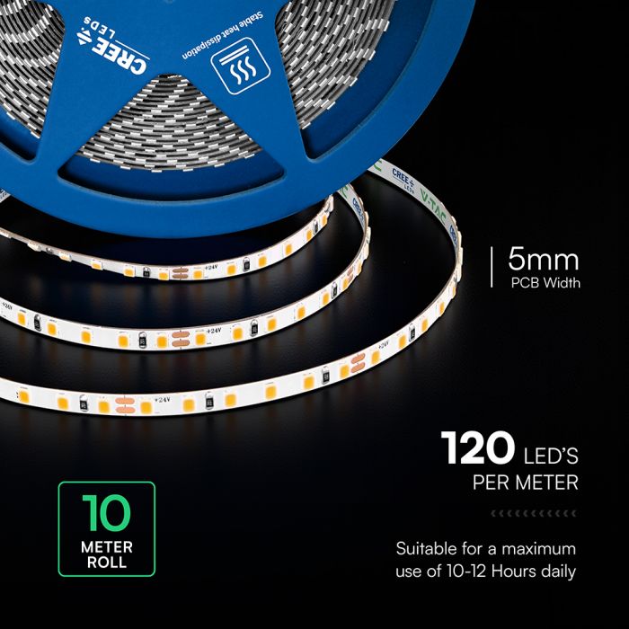 Cena par 1m_8W/m(800Lm/m) 0.33A/m LED Lente, V-TAC, 10 m, ūdensnedroša IP20, 24V, auksti balta gaisma 6500K