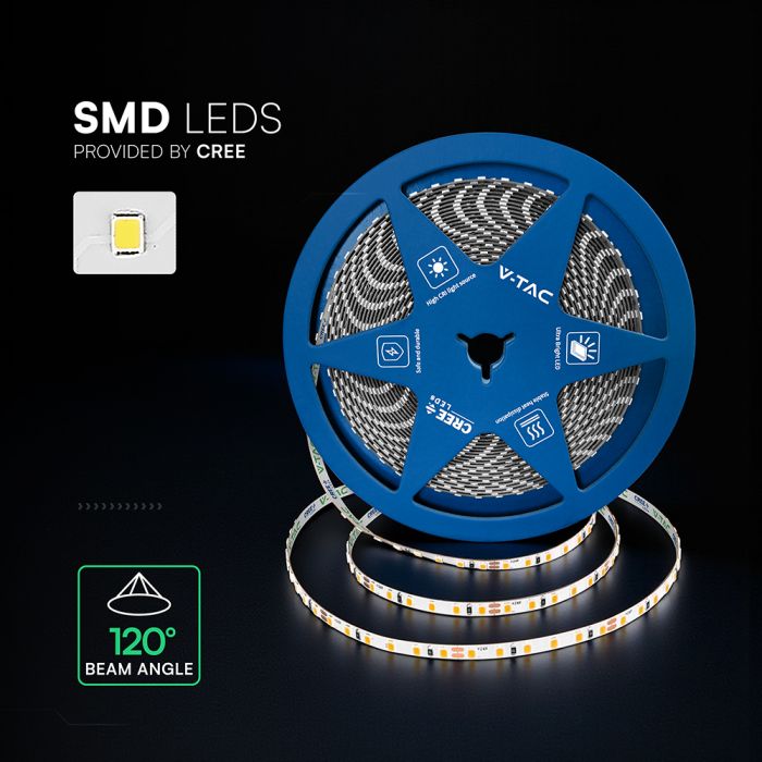 Cena par 1m_8W/m(800Lm/m) 0.33A/m LED Lente, V-TAC, 10 m, ūdensnedroša IP20, 24V, auksti balta gaisma 6500K