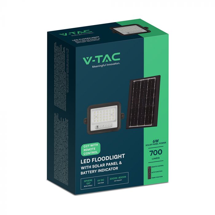 50W(700Lm) LED prožektors ar solāro paneli  DC 6V 6W, V-TAC, IP65, melns, ar tālvadības pulti un regulējamu krāsu temperatūru,7IN1