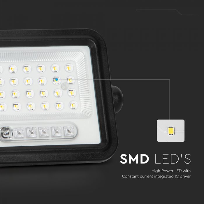 50W(700Lm) LED prožektors ar solāro paneli  DC 6V 6W, V-TAC, IP65, melns, ar tālvadības pulti un regulējamu krāsu temperatūru,7IN1