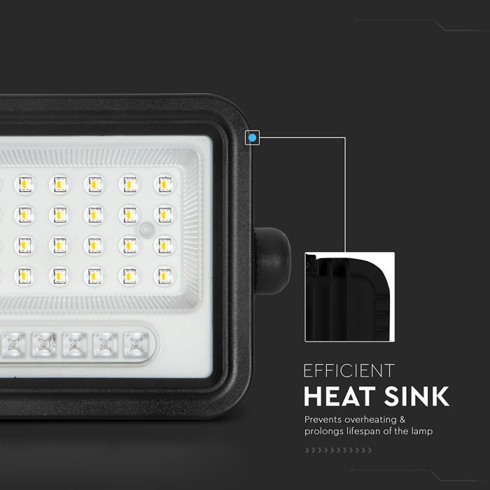 50W(700Lm) LED prožektors ar solāro paneli  DC 6V 6W, V-TAC, IP65, melns, ar tālvadības pulti un regulējamu krāsu temperatūru,7IN1