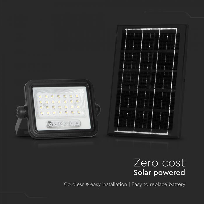 50W(700Lm) LED prožektors ar solāro paneli  DC 6V 6W, V-TAC, IP65, melns, ar tālvadības pulti un regulējamu krāsu temperatūru,7IN1