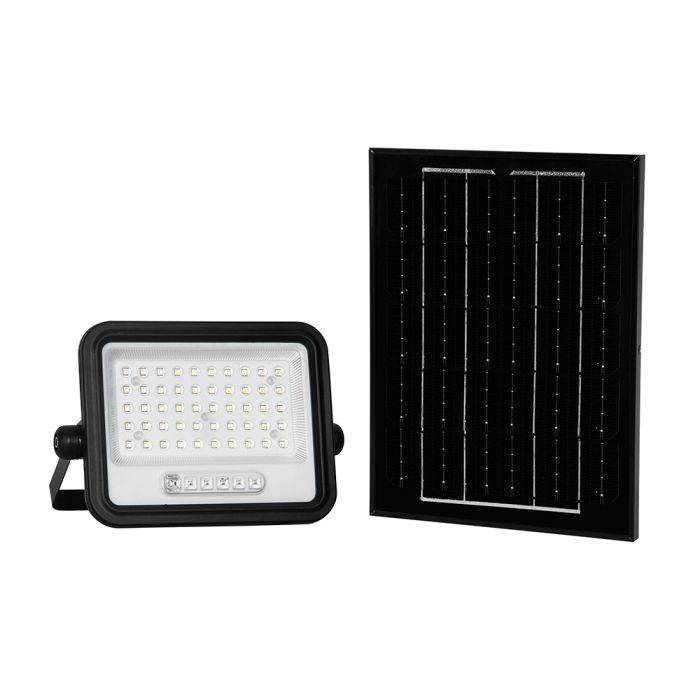100W(1000Lm) LED prožektors ar solāro paneli  DC 6V 6W, V-TAC, IP65, melns, ar tālvadības pulti un regulējamu krāsu temperatūru, 7IN1