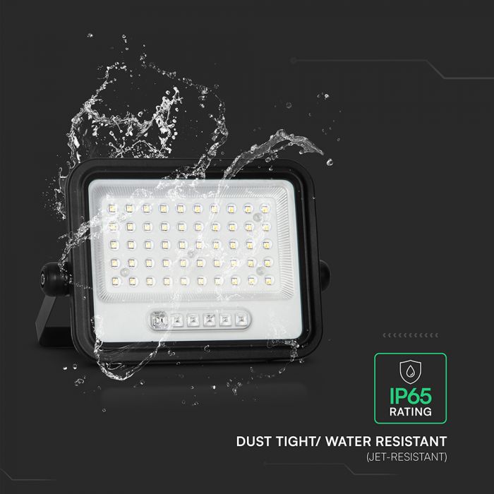 100W(1000Lm) LED prožektors ar solāro paneli  DC 6V 6W, V-TAC, IP65, melns, ar tālvadības pulti un regulējamu krāsu temperatūru, 7IN1