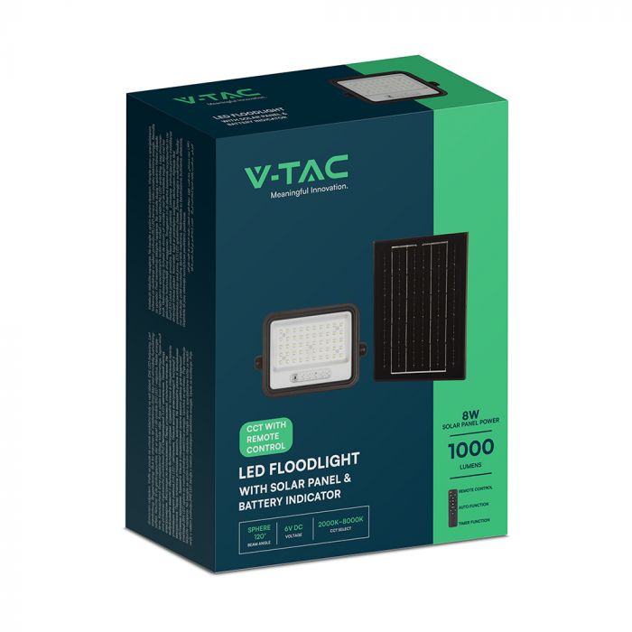100W(1000Lm) LED prožektors ar solāro paneli  DC 6V 6W, V-TAC, IP65, melns, ar tālvadības pulti un regulējamu krāsu temperatūru, 7IN1