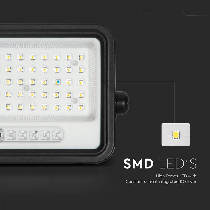 100W(1000Lm) LED prožektors ar solāro paneli  DC 6V 6W, V-TAC, IP65, melns, ar tālvadības pulti un regulējamu krāsu temperatūru, 7IN1