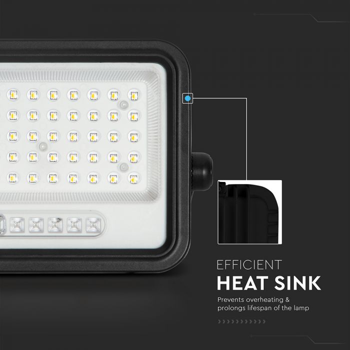 100W(1000Lm) LED prožektors ar solāro paneli  DC 6V 6W, V-TAC, IP65, melns, ar tālvadības pulti un regulējamu krāsu temperatūru, 7IN1