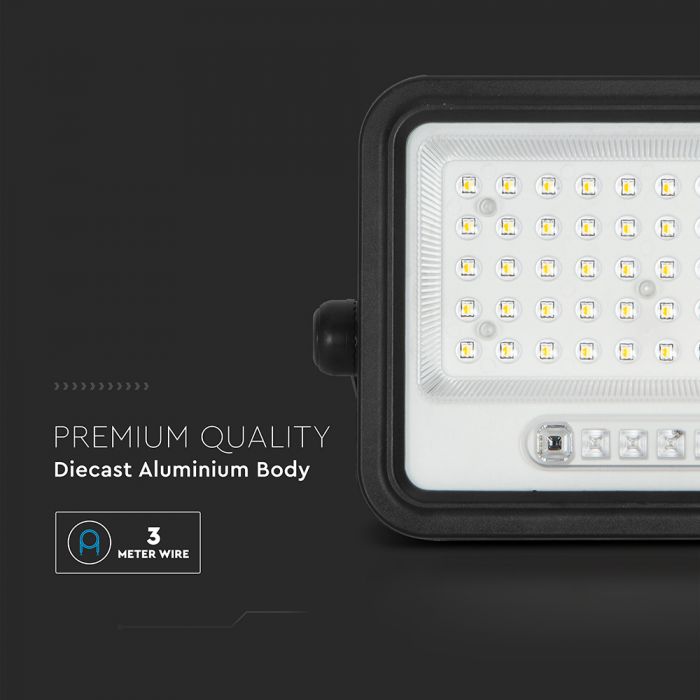 100W(1000Lm) LED prožektors ar solāro paneli  DC 6V 6W, V-TAC, IP65, melns, ar tālvadības pulti un regulējamu krāsu temperatūru, 7IN1