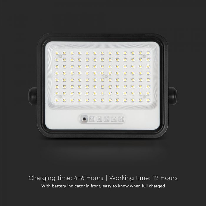200W(1700Lm) LED prožektors ar solāro paneli  DC 6V 12W, V-TAC, IP65, melns, ar tālvadības pulti un regulējamu krāsu temperatūru, 7IN1